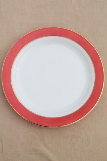 vintage Pyrex milk glass cake plate or chop platter w/ flamingo pink red border, gold trim