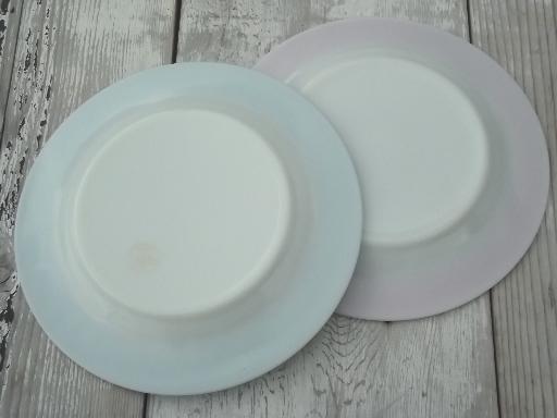 vintage Pyrex plates, aqua & flamingo pink colored band milk glass plates