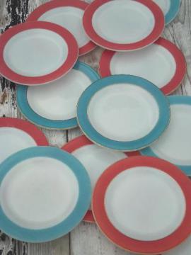 vintage Pyrex plates, aqua & flamingo pink colored band milk glass plates