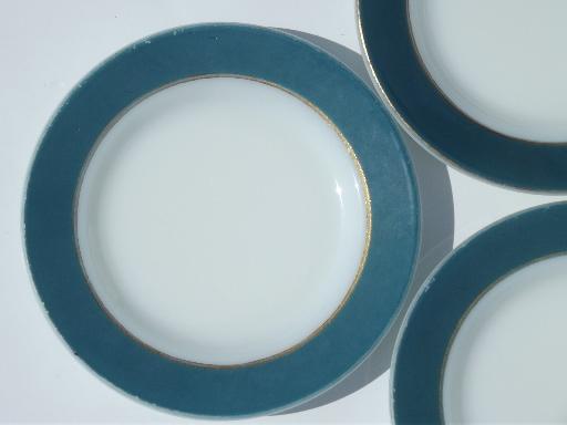 vintage Pyrex plates, teal green colored band milk glass sandwich plates 