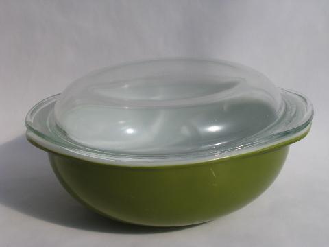 vintage Pyrex serve and store covered casserole dish, green bowl