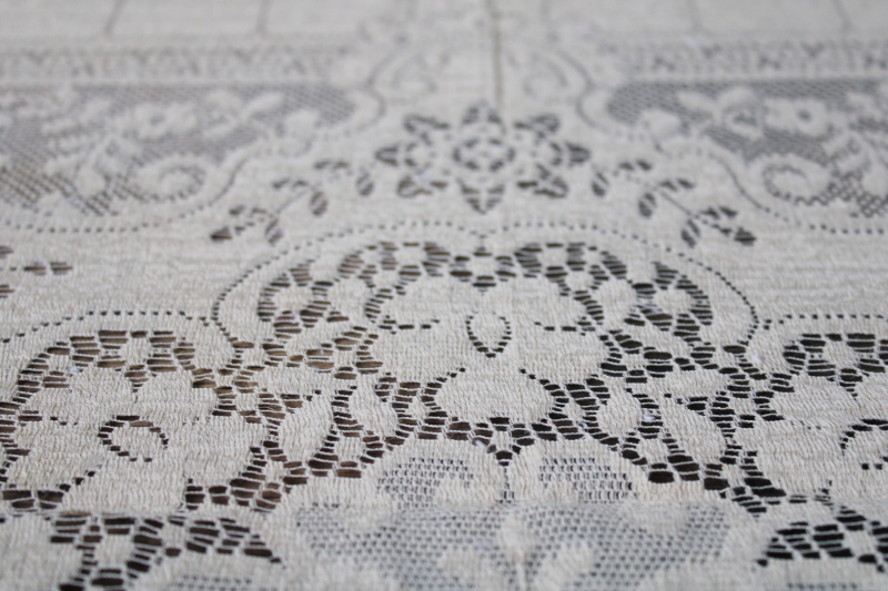 vintage Quaker lace type ecru cotton tablecloth hearts  flowers, upcycle fabric curtain or wedding decor