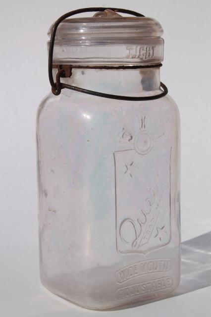 vintage Queen glass canning jar, embossed quart jar w/ glass lid, wire bail