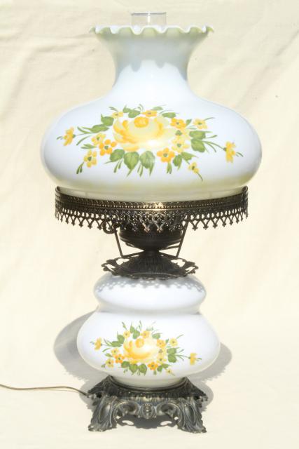 Vintage Quoizel Hand Painted Milk Glass, Chimney Style Glass Lamp Shades