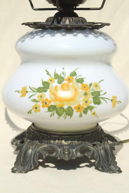 vintage Quoizel hand-painted milk glass chimney shade lamp, Abigail Adams GWTW style