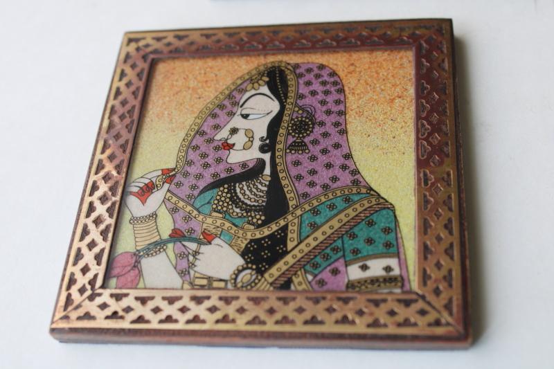 vintage Rajasthani art coasters made in India, brass inlaid wood w/ painted glass 