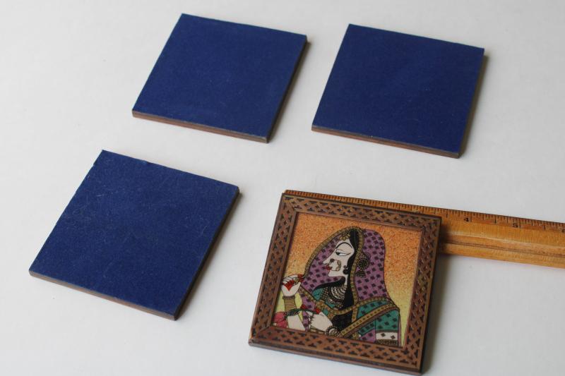 vintage Rajasthani art coasters made in India, brass inlaid wood w/ painted glass 