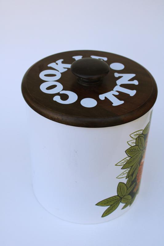vintage Ransburg cookies tin, metal cookie jar w/ owls print, 60s 70s retro