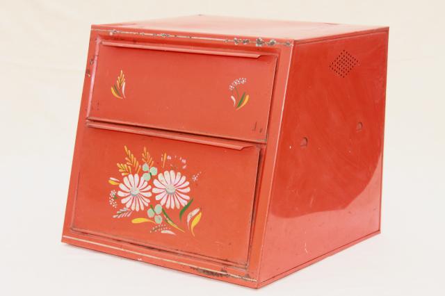 vintage Ransburg metal breadbox, red orange bread box w/ bright painted flowers