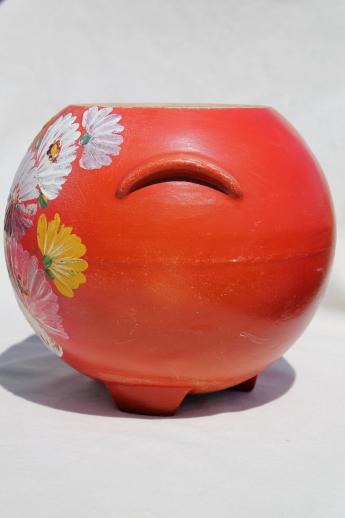 vintage Ransburg pottery round pot cookie jar crock, red orange hand painted flowers