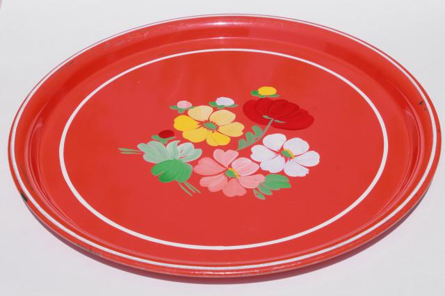 vintage Ransburg round metal serving tray w/ painted flowers on red-orange