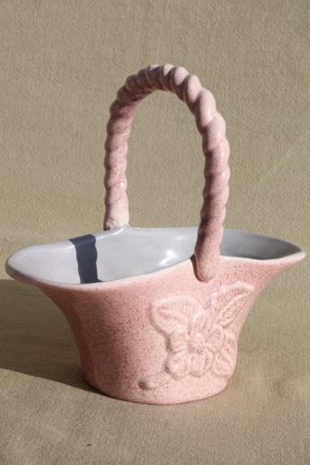 vintage Red Wing art pottery bride's basket vase, mid-century mod pink & grey
