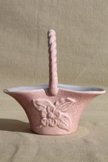 vintage Red Wing art pottery bride's basket vase, mid-century mod pink & grey