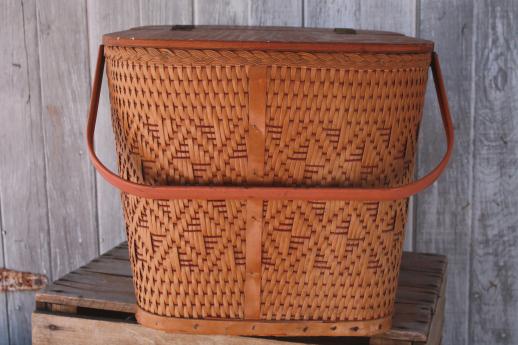 vintage Redman picnic hamper, large two section picnic basket w/ pie tray