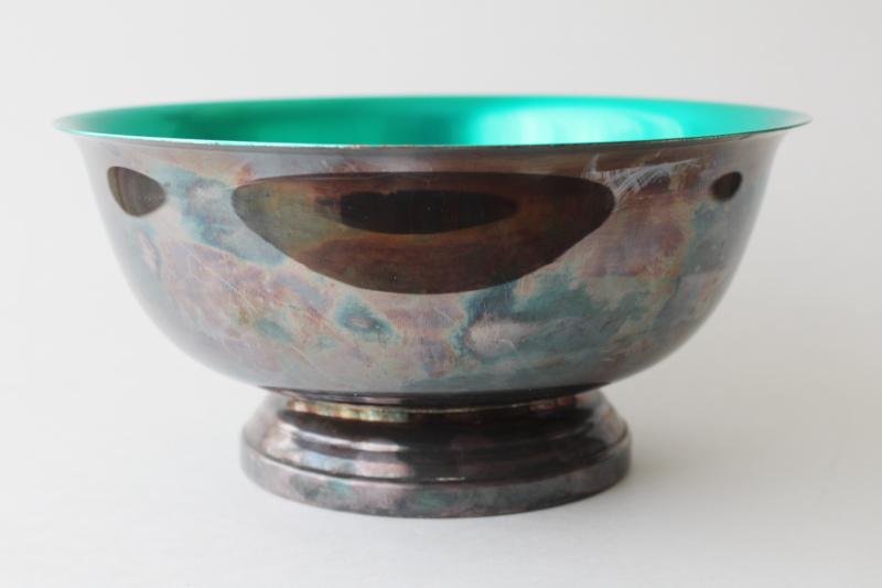 vintage Revere style bowl, emerald green color lined silver plate dish 