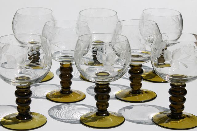 vintage Rhein (Rhine) wine glasses, Bavaria glass etched grapes clear bowls w/ green stems