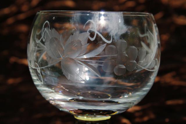 vintage Rhein (Rhine) wine glasses, Bavaria glass etched grapes clear bowls w/ green stems