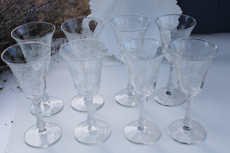 vintage Rock Sharpe Libbey etched glass stemware tall water goblets wine glasses 3007-12