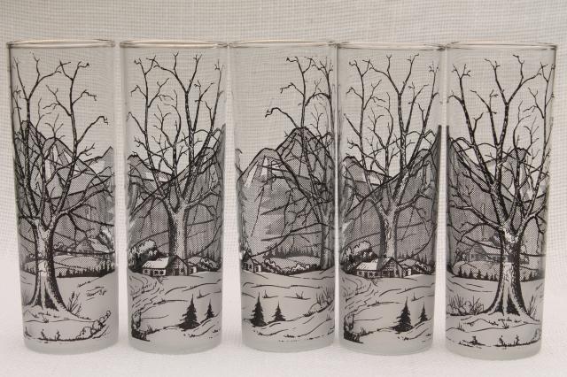 vintage Rocky Mountain highballs - tall bar glasses w/ cabin in the snow winter scene