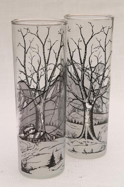 vintage Rocky Mountain highballs - tall bar glasses w/ cabin in the snow winter scene