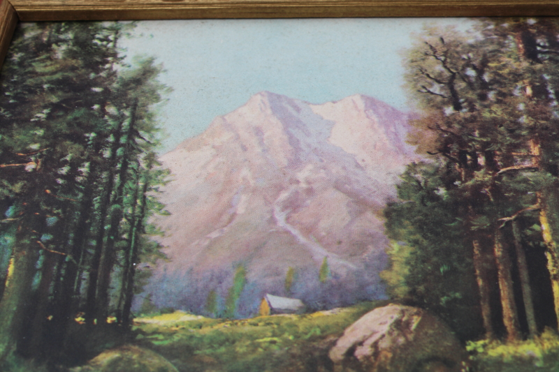 vintage Rocky Mountains peaceful woodland landscape print, gold painted wood frame