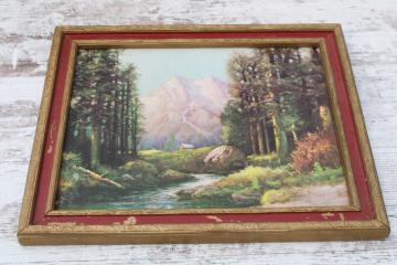 vintage Rocky Mountains peaceful woodland landscape print, gold painted wood frame