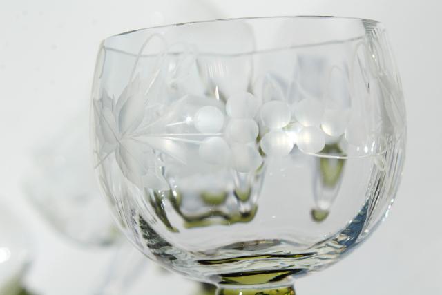 vintage Roemer Rhein wine glasses, green stem etched glass low goblets