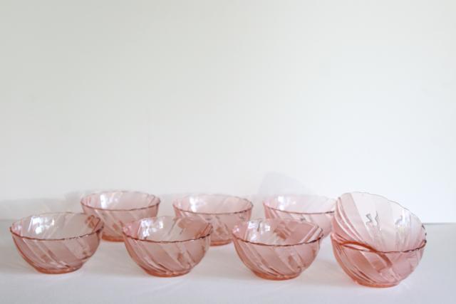 vintage Rosa pink Arcoroc textured swirl glass bowls, rose blush depression glass color