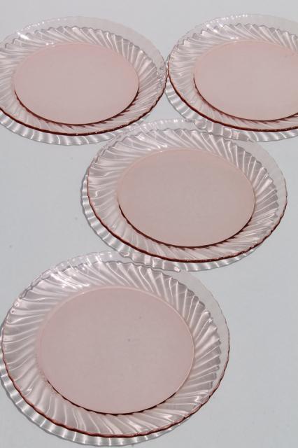 vintage Rosaline pink swirl glass plates set of 4, Arcoroc France depression glass