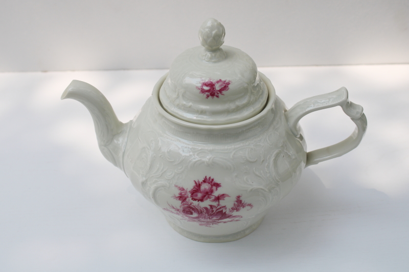vintage Rosenthal Sanssouci embossed ivory china teapot, Meissen floral in red pink