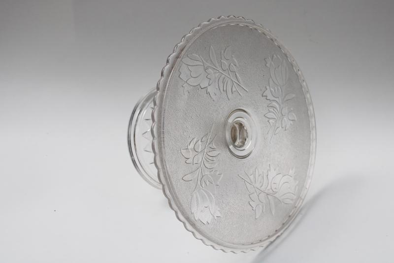vintage Roses in the Snow pattern glass cake stand pedestal plate, Bryce EAPG 