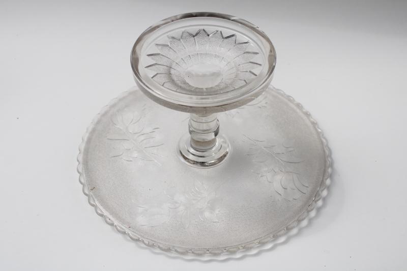 vintage Roses in the Snow pattern glass cake stand pedestal plate, Bryce EAPG 
