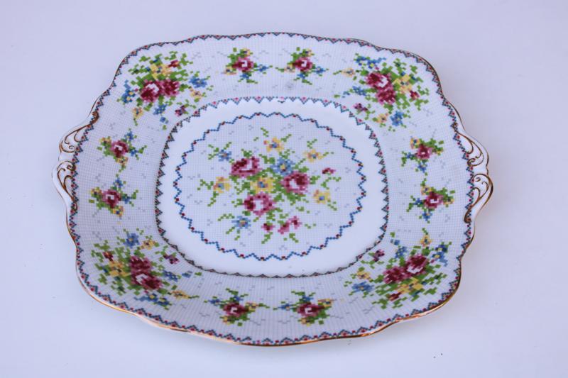 vintage Royal Albert china petit point floral, square cake plate or tray with handles