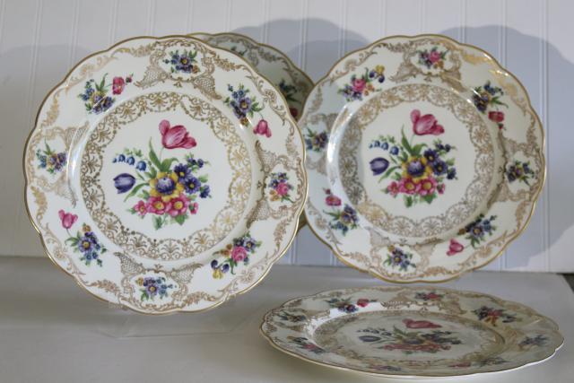 vintage Royal Bayreuth large porcelain dinner plates, garden flowers gold filigree