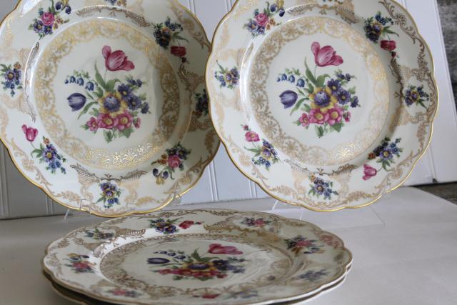 vintage Royal Bayreuth large porcelain dinner plates, garden flowers gold filigree