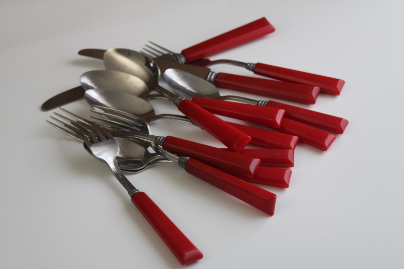 vintage Royal Brand stainless flatware w/ cherry red bakelite handles, lot of 13 pieces