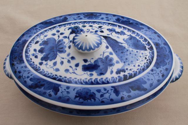 vintage Royal Copenhagen Aluminia faience pottery blue & white peacock tureen bowl w/ cover