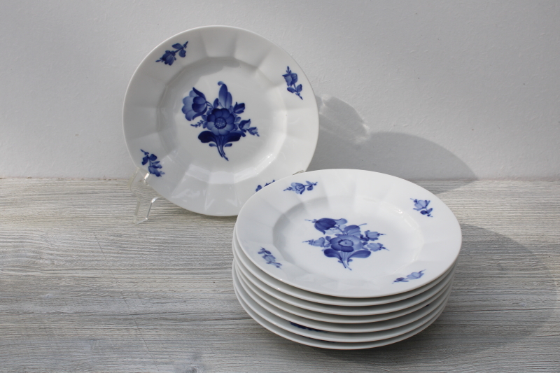 vintage Royal Copenhagen porcelain bread  butter plates, blue flowers fluted ribbed shape