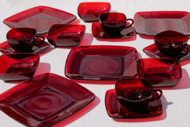 vintage Royal Ruby red glass dishes, Anchor Hocking Charm square plates, cups, bowls set for 4