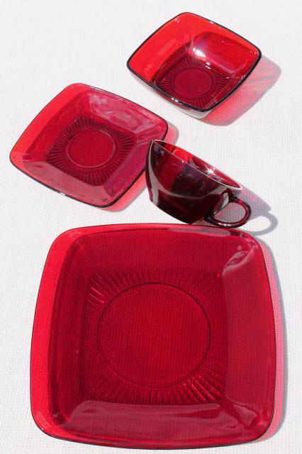 vintage Royal Ruby red glass dishes, Anchor Hocking Charm square plates, cups, bowls set for 4