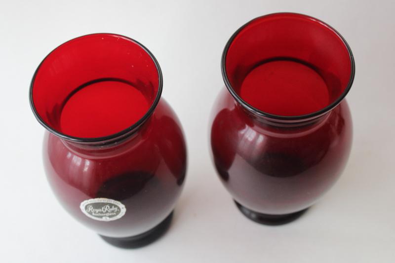 vintage Royal Ruby red glass vases pair w/ original Anchor Hocking label