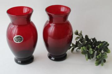 vintage Royal Ruby red glass vases pair w/ original Anchor Hocking label