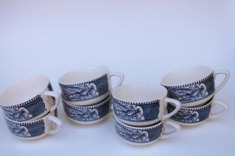 vintage Royal blue & white Currier and Ives cups, pony cart turn out lady driver