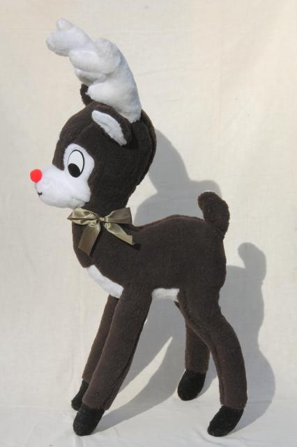 vintage Rudolph red nosed reindeer stuffed plush deer toy, large standing Christmas decoration