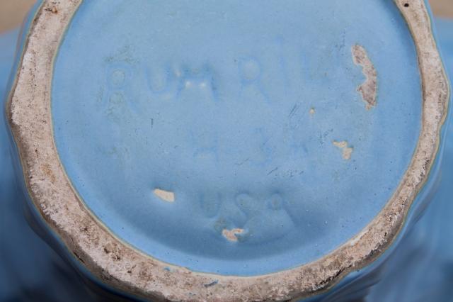 vintage Rumrill Red Wing pottery vase, matte blue glaze, basket shape bucket for flowers