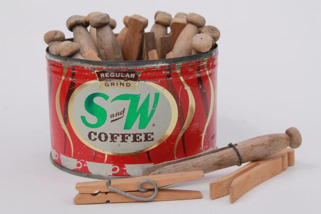 vintage S&W coffee can w/ old wooden clothespins, primitive country kitchen collectibles