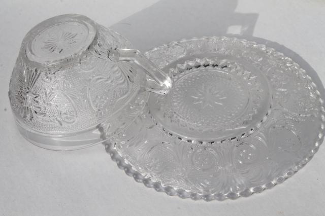 vintage Sandwich pattern pressed glass cups & saucers, crystal clear depression glass Duncan & Miller