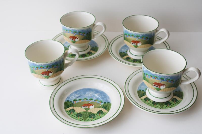 vintage Sango Country Cottage stoneware dinnerware, set of four cups & saucers 
