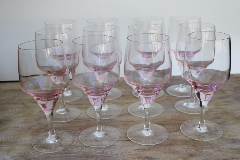 vintage Sasaki Harmony water wine glasses coral pink w/ clear stems, set of 12 goblets