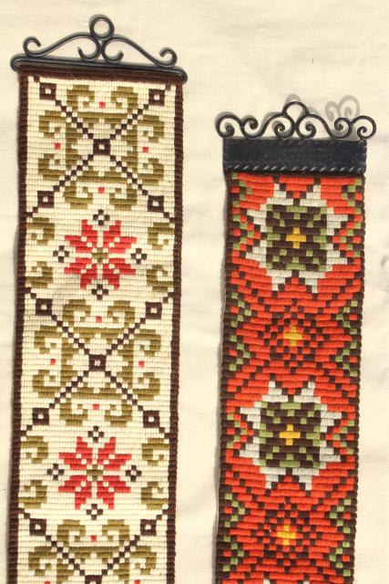 vintage Scandinavian tapestry wool embroidery, gobelin needlepoint bell pulls
